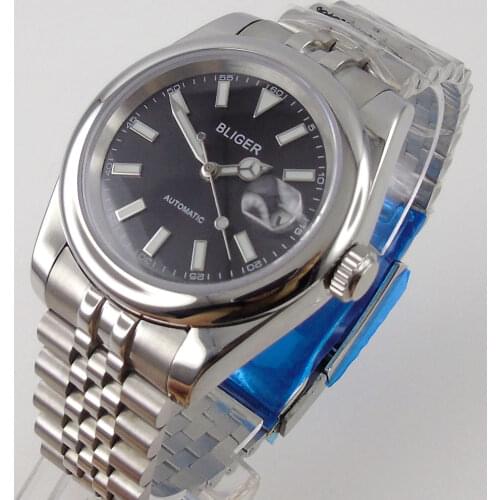 36mm Polished Mens Watch Genuine Miyota 8215 Movement Black Dial Sapphire Glass Green Lume Screw In Crown Jubilee Bracelet