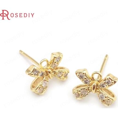 39647)4PCS 24K Gold Color Brass and Zircon Bow Rosette Stud Earrings Pins Earrings Jewelry Making Supplies Findings Accessories