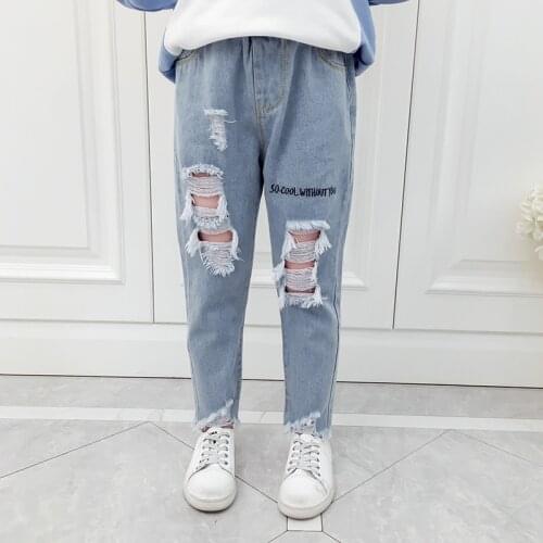 Childrens Ripped Hole Jeans Pants New Spring Autumn Toddler Kids Broken Denim Trousers for Girls 3 4 5 6 7 8 10 12 14 Years Old