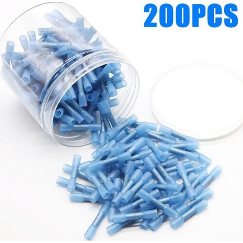 200Pcs Blue Heat Shrink Butt Terminals Insulated Electrical Wire Connectors 16-14 AWG Cable Crimping Terminals Connector