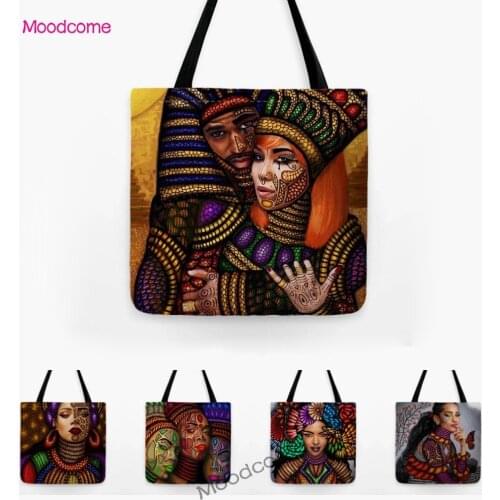 Colorful African Girl Mask Art Fashion Africa King and Queen Abstract Black Culture Art Shoulder Shopping Tote Bag Linen Handbag