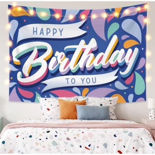 Colorful Happy Birthday To You Blue Background Wall Hanging Funny Tapestry Living Room Bedroom Photography Decoration Tapestry