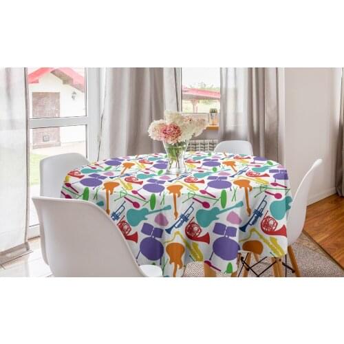 Music Round Tablecloth Instruments Bass Guitar Rock Microphone Circle Table Cloth Cover for Dining Room Kitchen Decor & Party