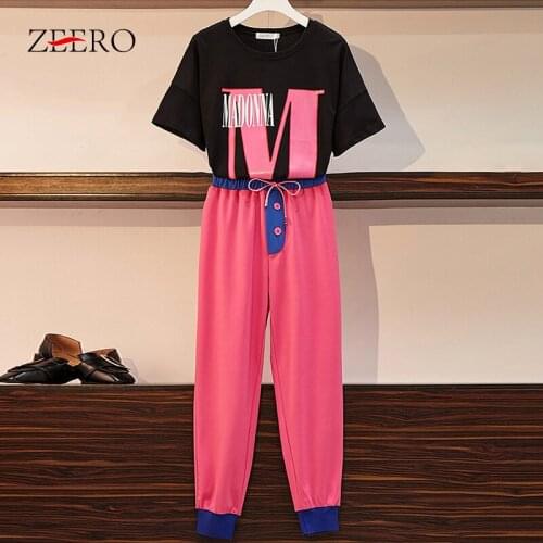 Summer Two Piece Set Top and Pants Women Tracksuit Pink Letters T-shirt Womens Sweatsuit Long Pant Sets Plus Size Sport Suit 4XL