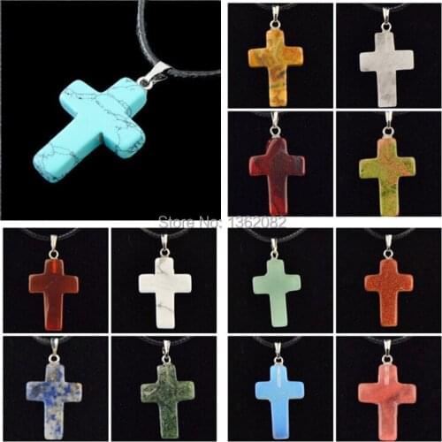 Hot Wholesale 12pcs/lot Fashion Natural Stone Stone Quartz Choker Malachite Carved Cross Pendants Necklace Gift MN486