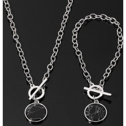 Minimalist Casual Neck Chain Necklaces and Bracelet for Women Round Marble Pendants Hiphop Female Fashion Jewelry Necklace