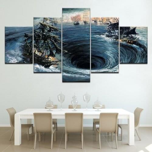 Modular Canvas Prints Paintings Wall Art Living Room Decor 5 Pcs Waves Swirling Sailboat Pictures Sailing Boat Posters Artwork