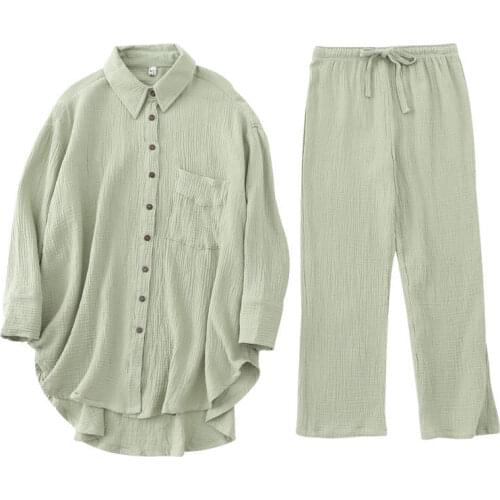 QWEEK Cotton Womens Pajamas Home Clothes Pyjama Pour Femme Solid Nightgown Loungewear Sleepwear Trouser Suits 2 Piece Set