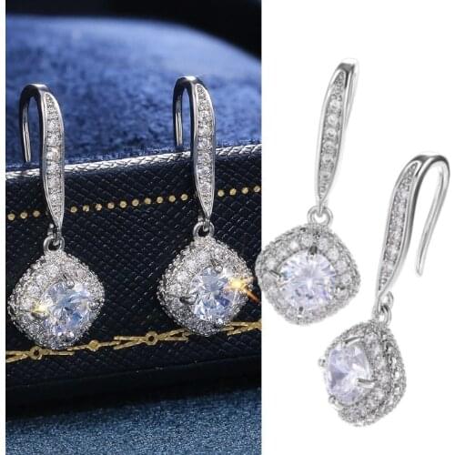 1Pair Trendy Luxury Silver Color Square Drop Earring Wedding Bridal Accessories Shine Zircon Stone Elegant Women Jewelry Gifts