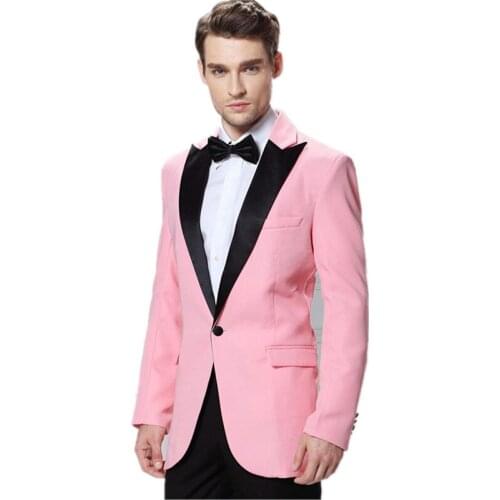 Hot Pink Prom Groomsmen Tuxedo Slim Fit Mens Suits One Buttons Black Peak Lapel Mens Wedding Suits Best Men Custom Made Blazer