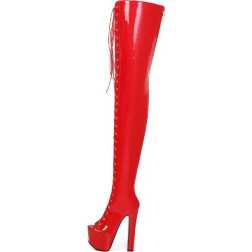 Sexy Over the Knee Boots Women Lace-up Fetish Dance Nightclub Long Shoes Ladies Peep Toe High Heel Platform Thigh High Boots Red