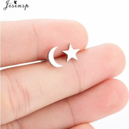 Jisensp Korean Style Lovely Moon Stars Stud Earrings Fashion Stainless Steel Earrings for Women Girls Birthday Gift bijoux