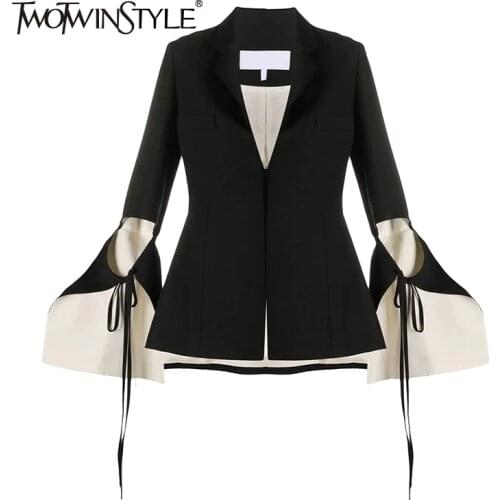 TWOTWINSTYLE Hollow Out Black Blazer For Women Notched Flare Long Sleeve Lace Up Bowknot Solid Blazers Female Fashion New 2021