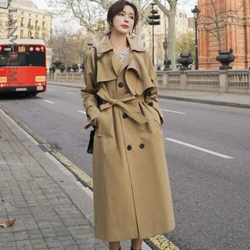 LANMREM Women Khaki Trench New Lapel Long Sleeve Loose Fit Windbreaker Fashion Tide Spring Autumn 2021 Lac Up Waist Coat 2W173