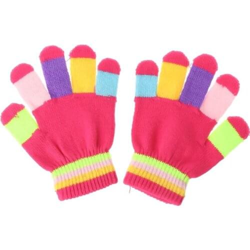 1 Pair Kids Gloves Full Finger Warm Winter Children Colorful Stripe Knitted Boys Girls Solid Glove Multi Color Elastic