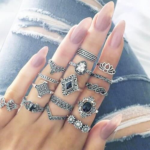 15 Pcs/set Bohemian Retro Crystal Flower Leaves Hollow Lotus Gem Silver Color Ring Set Women Wedding rings Anniversary Gift 2019