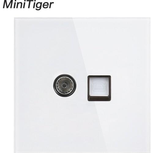 Minitiger White Luxury Crystal Tempered Glass Panel RJ11 Tel Jack Telephone With TV Outlet Wall Data Computer Socket