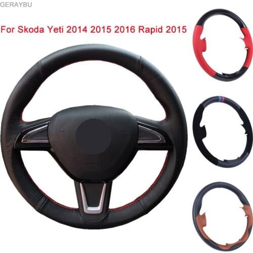 GERAYBU Custom DIY Innovative Black Artificial Leather Hand-sewn Car Steering Wheel Cover For Skoda Yeti 2014 2015 2016 Rapid