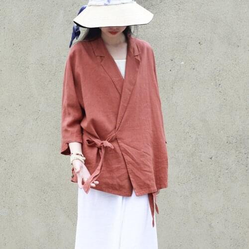 Johnature Spring Summer Fashion All-match Solid Color Lace Up Shirts 2020 New Loose Comfortable Nine Quarter Sleeve Women Tops