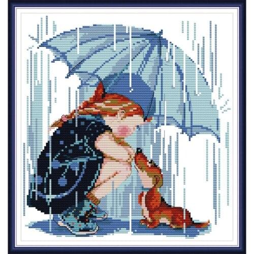 Girls And Dog In The Rain Chinese Cross Stitch Kits Ecological Cotton Clear Stamped Printed 11CT Gift DIY Decorations For Home