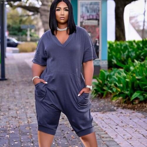Solid Casual Summer Rompers Womens Jumpsuit Shorts V Neck Short Sleeve Loose Playsuit Harem Pants Pockets Overalls for Women