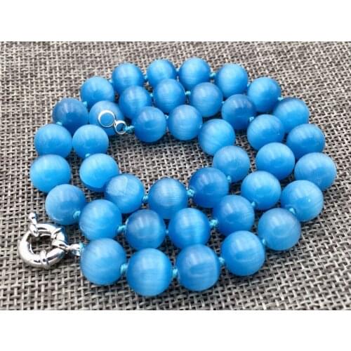 Pretty 10mm blue Cat Eye Stone Opal Round Beads Gems Necklace 18 " AAA