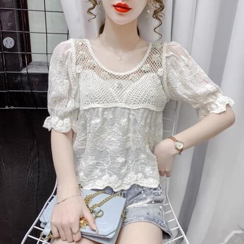 Summer short-sleeved chiffon shirt womens summer 2021 new super fairy fashion lace blouse foreign style small shirt