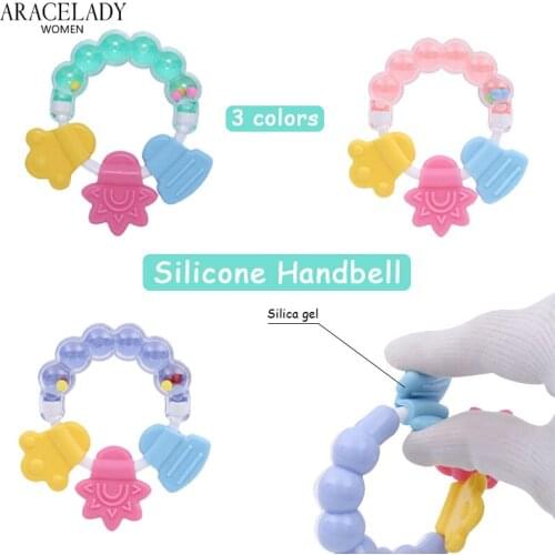 Cartoon Baby Teether Educational Mobiles Toys Teeth Biting Baby Rattle Toy Bed Bell Silicone Wristband Handbell Jingle Birthday