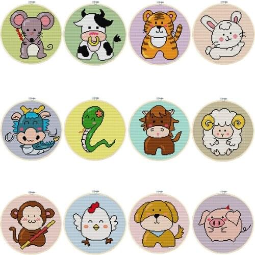 Joy Sunday Cross-Stitch Kits Stamped Q Version of The Zodiac Animal 11CT 14CT Printed Counted Decor Embroidery Needlework Thread