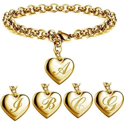 Modyle 2021 New Fashion Gold Color Stainless Steel Initial Alphabet Heart Charm Bracelets For Women