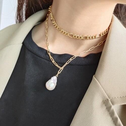 New Design Handmade 925 Sterling Silver Irregular Nature Baroque Pearl Necklace With Gold Anchor Chain Women Necklaces Wholesale