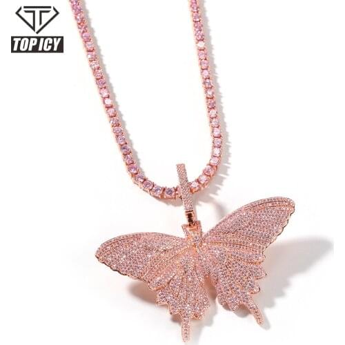 Zircon Crystal Ice Pink Butterfly Charm Pendant Necklace Iced out Rose gold pink cute luxury butterfly with cuban chain necklace