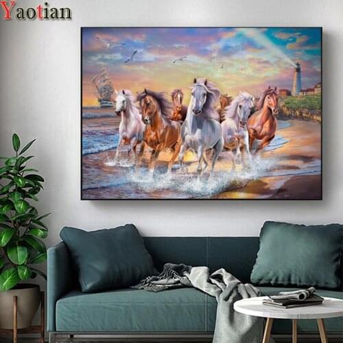 Full embroidery paint with diamonds painting sale crystal beads decor 3D picture of rhinestones horse running by the sea mosaic
