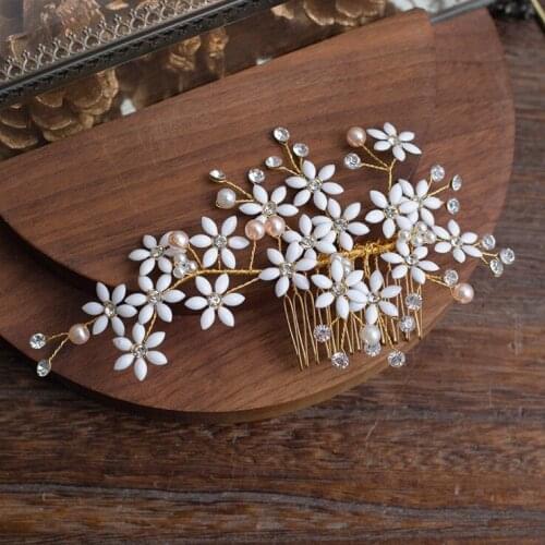 New Gold Color Hair Accessories For Women Crystal Flower Hairband Wedding Bride Headband Hair Comb Clips coroa de noiva Jewelry