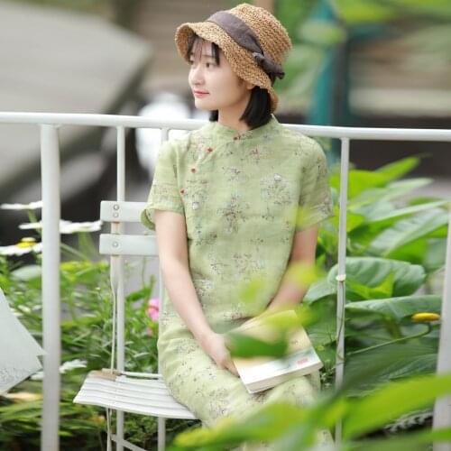 S952. Design Ramie Printing Nation Wind Dress Nation Wind Suit-dress Short Sleeve Cheongsam Summer