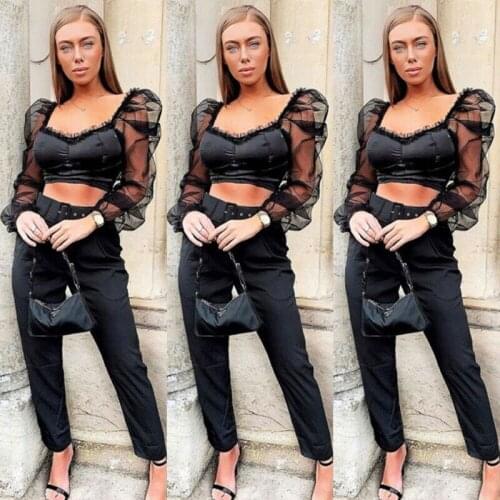 Made in China Women Mesh Puff Sleeve Cropped Tops Ladies Summer Casual Blouse Tops Tee