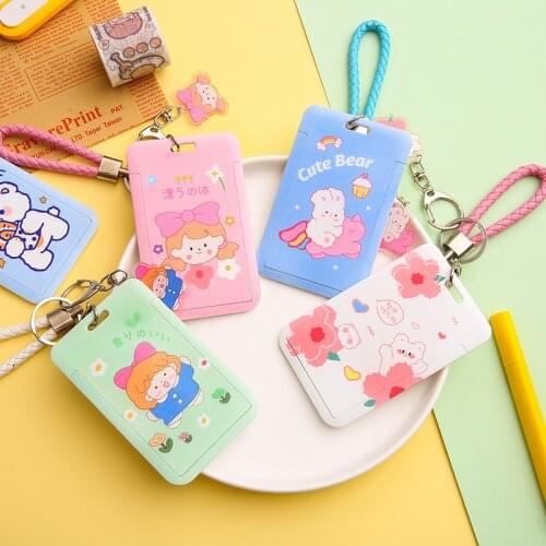 Cute Short Rope Card Case ID Badge Holder Bear Rabbit Credit Bank Cards Door Credential Pass Card Cover for Women Men Keychain