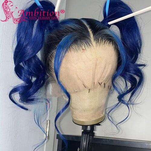 Ombre Blue Brazilian Human Hair Wigs Pre plucked 13x4 Lace Front Wigs for Women 180% Density Glueless Lace Wigs Bleached Knots