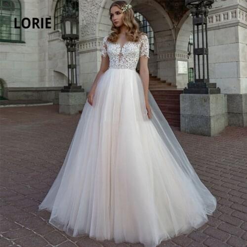 LORIE Short Sleeve Wedding Dresses Long 2020 Elegant Lace Appliqued Soft Tulle Bridal Gowns Beach Wedding Gowns Boho Plus Size