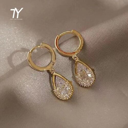 Glittering Zircon Water Drop Pendant Metal Ear Buckle Korean Fashion Jewelry Wedding Party Girls Luxury Earrings For Woman 2021