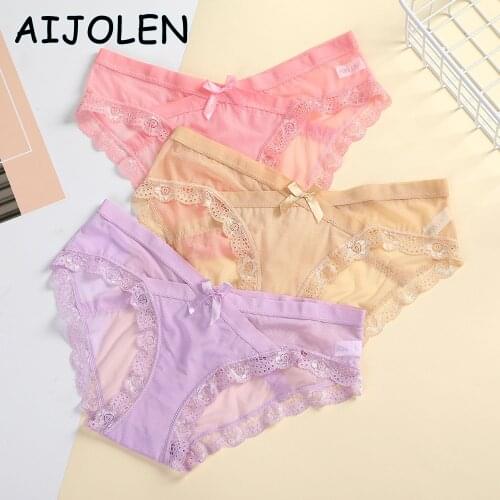 AIJOLEN Sexy Womens Panties Solid Color Lace Bow knot Underwear Loose Elastic Panties V-Waist Underpants Transparent Mesh Brief