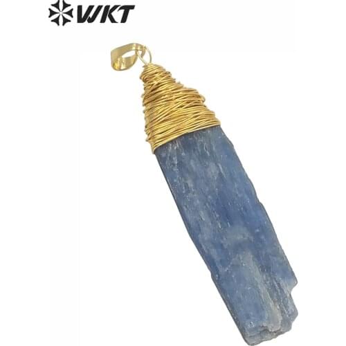 WT-P1526 new handmake wire wrapped raw blue kyanite pendant gold top women jewelry design material blue kyanite pendant jewelry