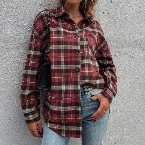 CARDE HOMES 2021 Autumn Winter New Single Row Button Plaid Red Long Sleeve Women Shirt Turn-Down Collar Loose Casual Blouse