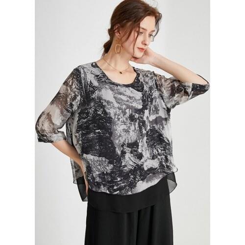 Summer new women T-shirt O neck fashion loose top Silkworm silk landscape printed short sleeve Tops elegance big size T-shirt