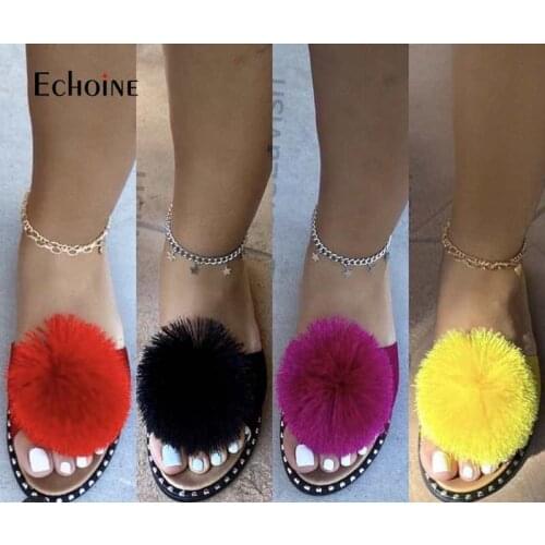 Echoine 2021 Women Summer Flat Sandals Open Toe Slippers Outdoor Beach Shoes Cute Hair Ball Fashion ladies slippers Plus Size