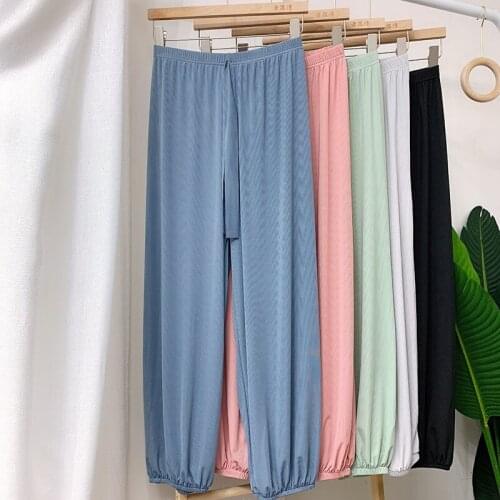 Sanderala Women Ice Silk Sleep Pants Elastic Waist Fitness Homewear Knitted Bottoms Solid Drawstring Loose Casual Underwear