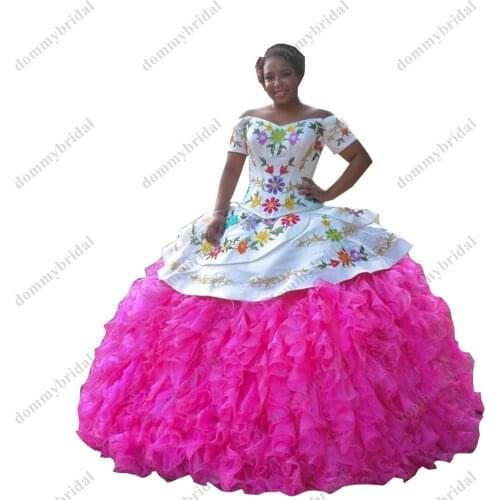 Modest 2021 Flowers Embroidery White and Hot Pink Ball Gown Quinceanera Prom Graduation Dress with Sleeves Vestido De 15 Anos