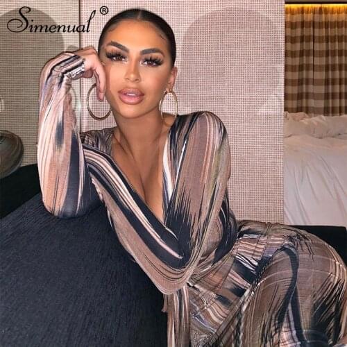 Simenual V Neck Bandage Bodycon Sexy Maxi Dresses Women Fashion Skinny Clubwear Printed Long Sleeve Party Dress Autumn 2021 Slim