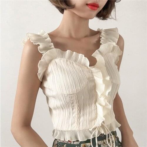 2020 women female solid bodycon tops ruffle v neck sexy bodycon short sleeveless sarafan lace uptank tops