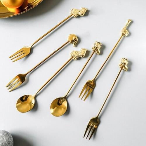 8Pcs Dinnerware Set Cute Animal Cutlery 304 Stainless Steel Steak Fruit Fork Dessert Spoon Kitchen Tableware Flatware